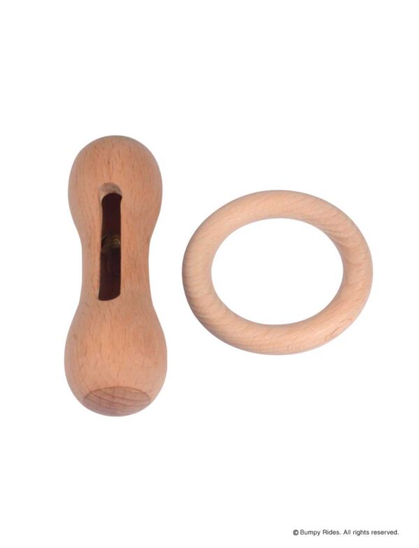 Natural Wooden Teether and Rattle (Bell Rattle and Ring Teether Combo Pack for Newborn Babies)