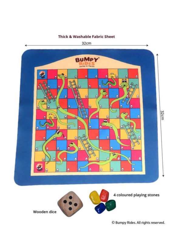 Fabric Printed Classic Snake & Ladder and Ludo Game with Wooden Dice & Colorful Stones (2 in 1)