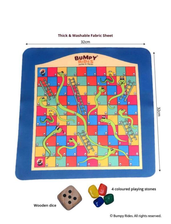 Fabric Printed Classic Snake & Ladder and Ludo Game with Wooden Dice & Colorful Stones (2 in 1)