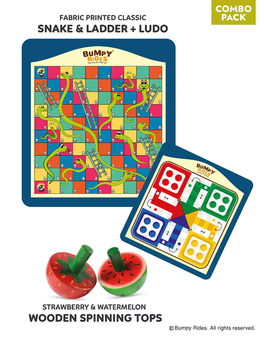 Combo Pack]: Classic Snake and Ladder & Ludo Game + Wooden Spinning Tops -  Bumpy Rides