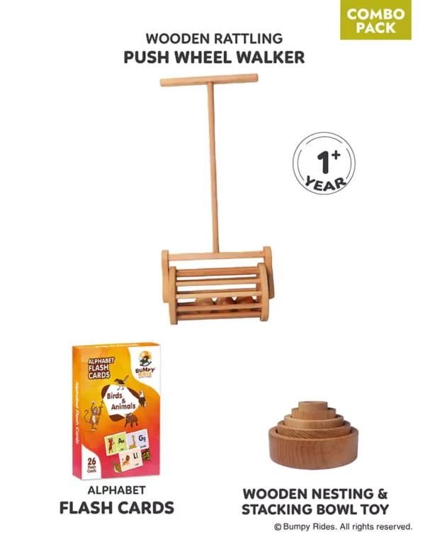 [Combo Pack]: Rattling Push Wheel Walker + Flash Cards + Stacking & Nesting Toy