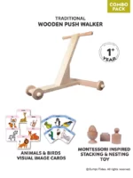 [Combo Pack]: Traditional Wooden Baby Walker + Birds & Animals Visual Cards + Stacking and Nesting Toys