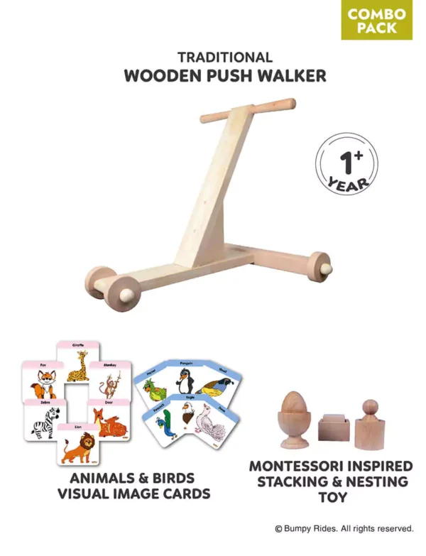 [Combo Pack]: Traditional Wooden Baby Walker + Birds & Animals Visual Cards + Stacking and Nesting Toys